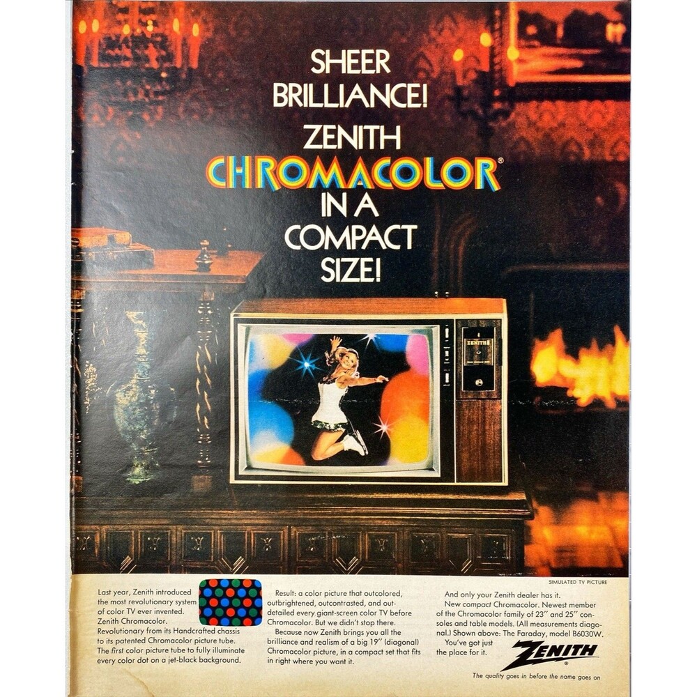 Zenith Chromacolor Compact TV "Quality Goes in Before Name"Vintage Print Ad 1970